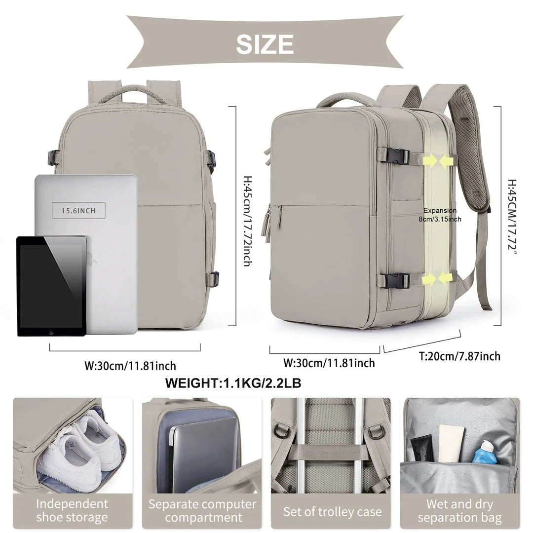 A premium white travel backpack with multiple compartments, designed for airline carry-on approval and weather protection.