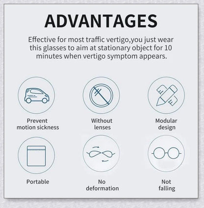 Anti-Motion Sickness Glasses with Boarding Ring technology for relief from nausea, dizziness, and vertigo during travel by car, boat, or plane