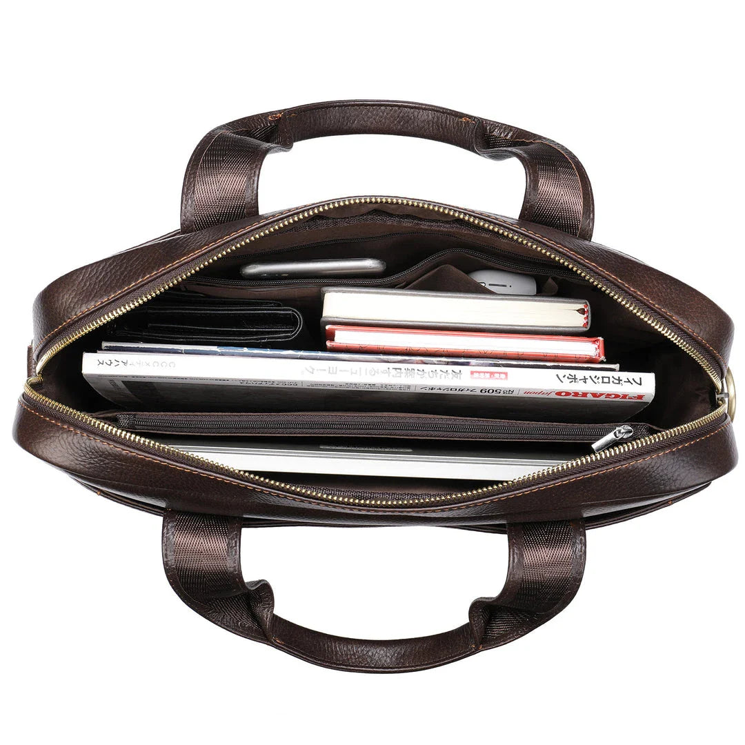 Men's genuine leather briefcase in dark coffee colour, featuring a spacious interior and adjustable shoulder strap for versatile carrying