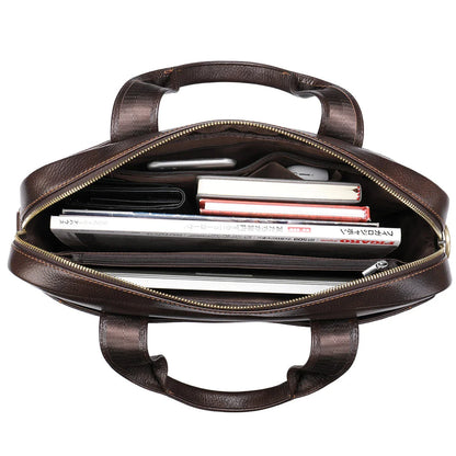 Men's genuine leather briefcase in dark coffee colour, featuring a spacious interior and adjustable shoulder strap for versatile carrying