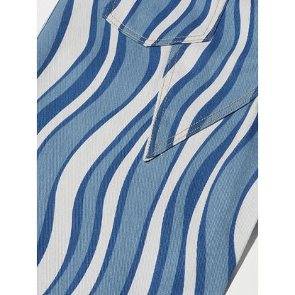 Women's high-waist striped denim trousers in a stylish blue colour, featuring a unique pattern and functional design for everyday wear.