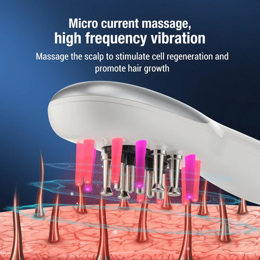 An electric hair growth comb with infrared and blue light therapy, designed to stimulate hair follicles and promote healthier, stronger hair growth.