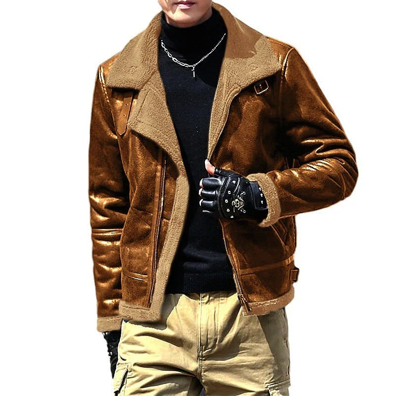 Premium lamb wool suede jacket for men in a range of classic British colours, featuring a sophisticated tailored design and plush fleece lining for optimal warmth and comfort.