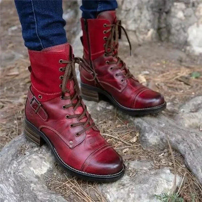 Stylish Martin boots with chic belt buckle accent, made with durable artificial PU upper and rubber sole for comfort and versatility.
