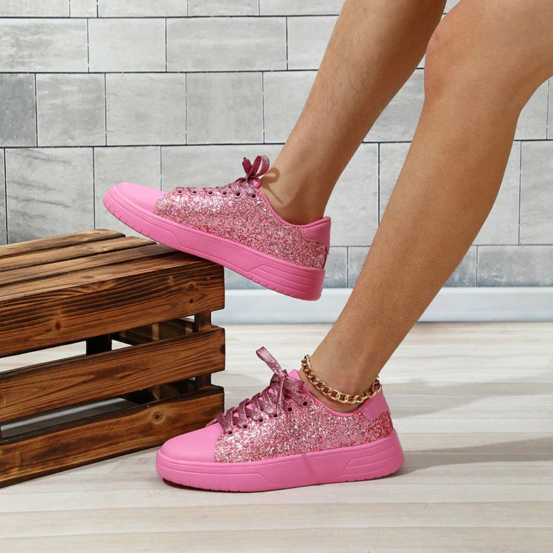 Glittering sequin flats with thick soles and lace-up closure in various vibrant colours