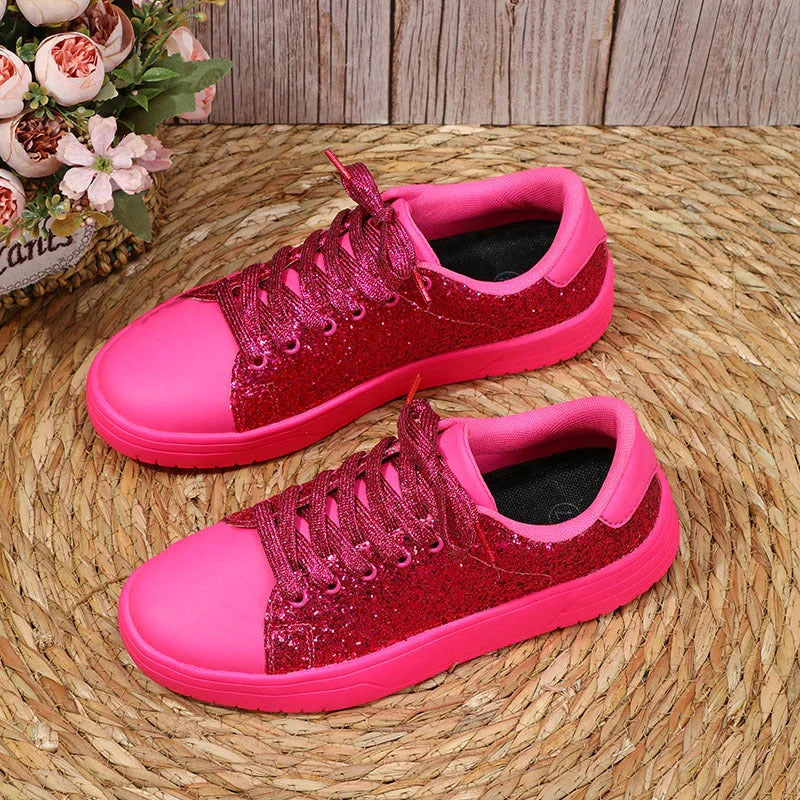 Glittering sequin flats with thick soles and lace-up closure in various vibrant colours