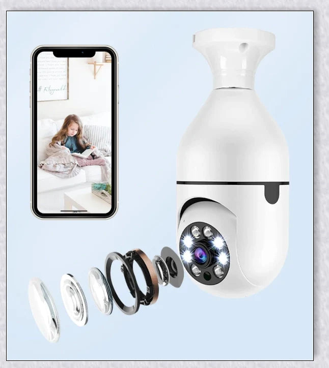 Discreet 1080p 360-degree panoramic WiFi security camera hidden in a light bulb design for comprehensive home surveillance