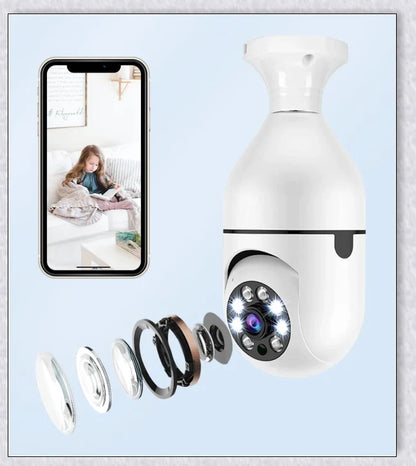Discreet 1080p 360-degree panoramic WiFi security camera hidden in a light bulb design for comprehensive home surveillance