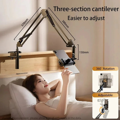 A 360-degree rotatable and adjustable tablet and phone stand with a long arm and stable support for versatile viewing