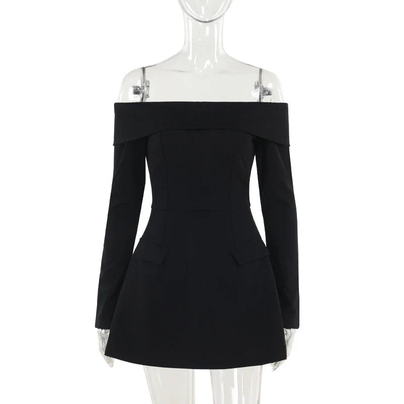 Elegant off-the-shoulder A-line dress for women with slim fit, bell sleeves, and high waist design