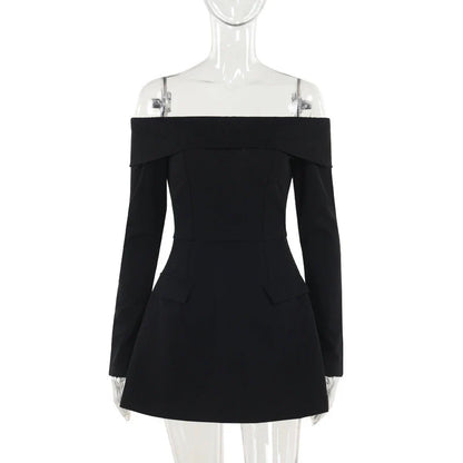 Elegant off-the-shoulder A-line dress for women with slim fit, bell sleeves, and high waist design