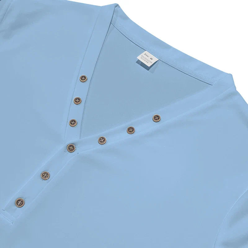 Premium men's slim-fit buttoned v-neck knit top in various colours, showcasing a tailored, sophisticated design