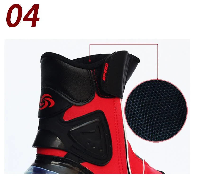 Premium motorcycle riding boots with durable microfiber leather, breathable mesh lining, and reinforced toe and heel for enhanced impact protection