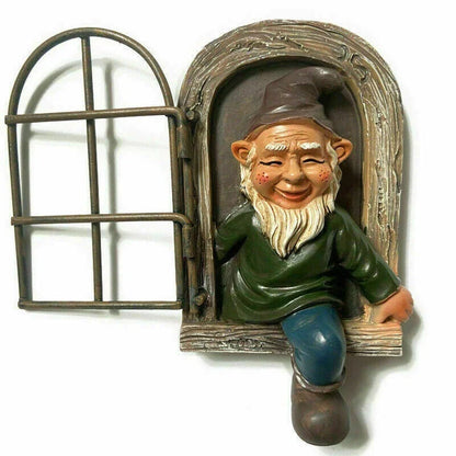 Naughty Elf Out The Door Tree Hugger Garden Statue, a charming resin gnome figure designed to hang on trees or peek out from windows and doors