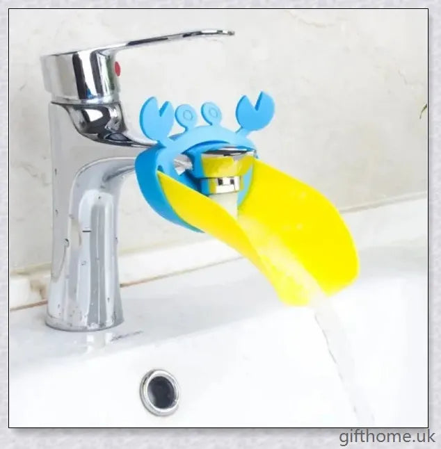 A yellow duck-shaped faucet extender that elevates a child's hand-washing experience at the sink