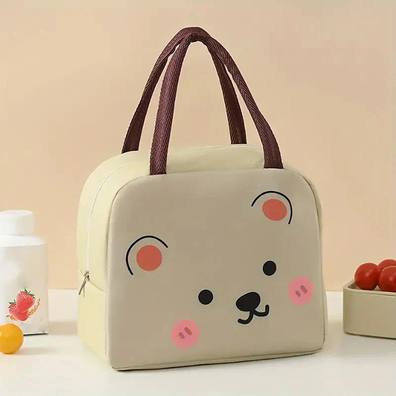 Cartoon animal-themed thermal lunch bag for children, made of durable Oxford cloth with insulated design and vibrant animal prints.