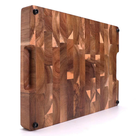 Premium Acacia wood chopping board with a convenient juice groove to catch liquids during food preparation