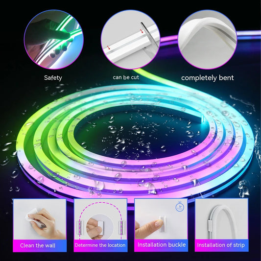 Colour-changing outdoor ambience light with vibrant neon strip illumination and weatherproof design