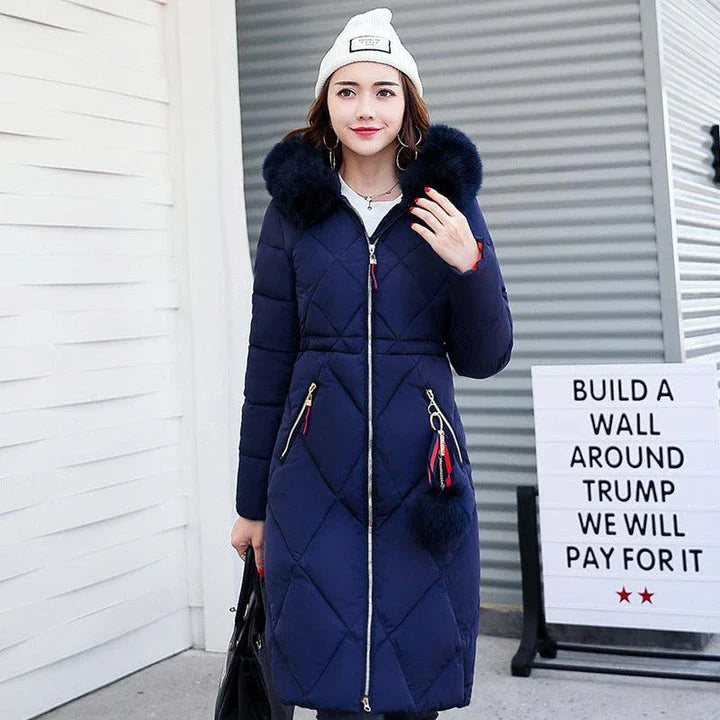 A premium padded down coat for women with a detachable hood, designed to provide warmth and style during the winter.