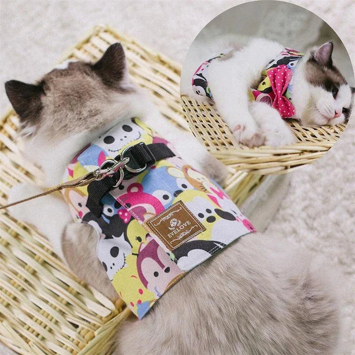 Premium cat harness with adjustable straps and leash for outdoor adventures, featuring a sophisticated gentleman's style design.