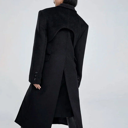 Elegant autumn-winter woollen overcoat with waist cut-out design, turn-down collar, and single-button closure