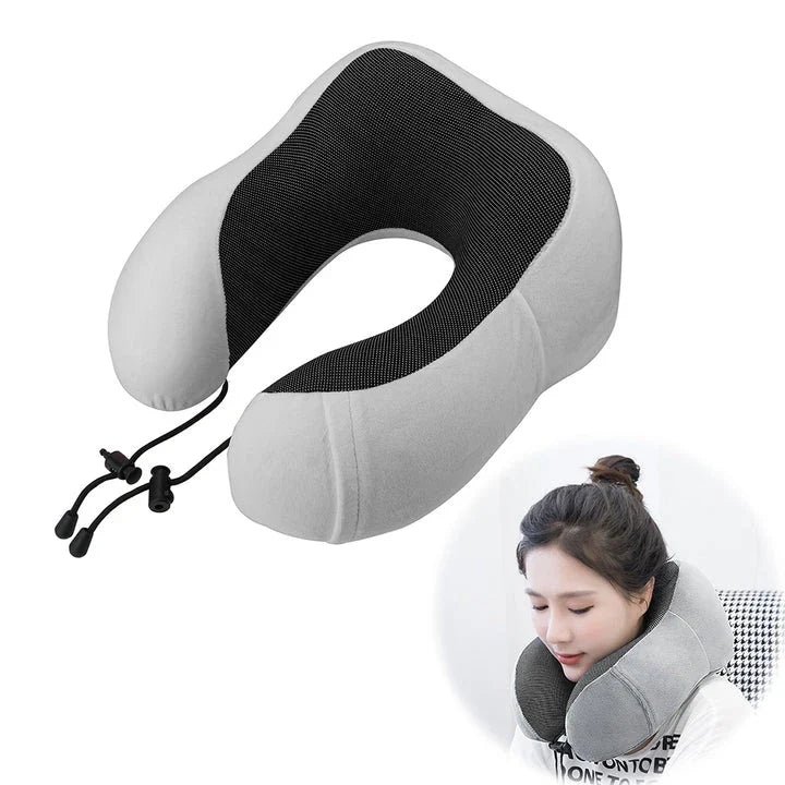 Premium memory foam travel pillow with soft cotton cover, designed for comfortable neck and spinal support during travel and relaxation