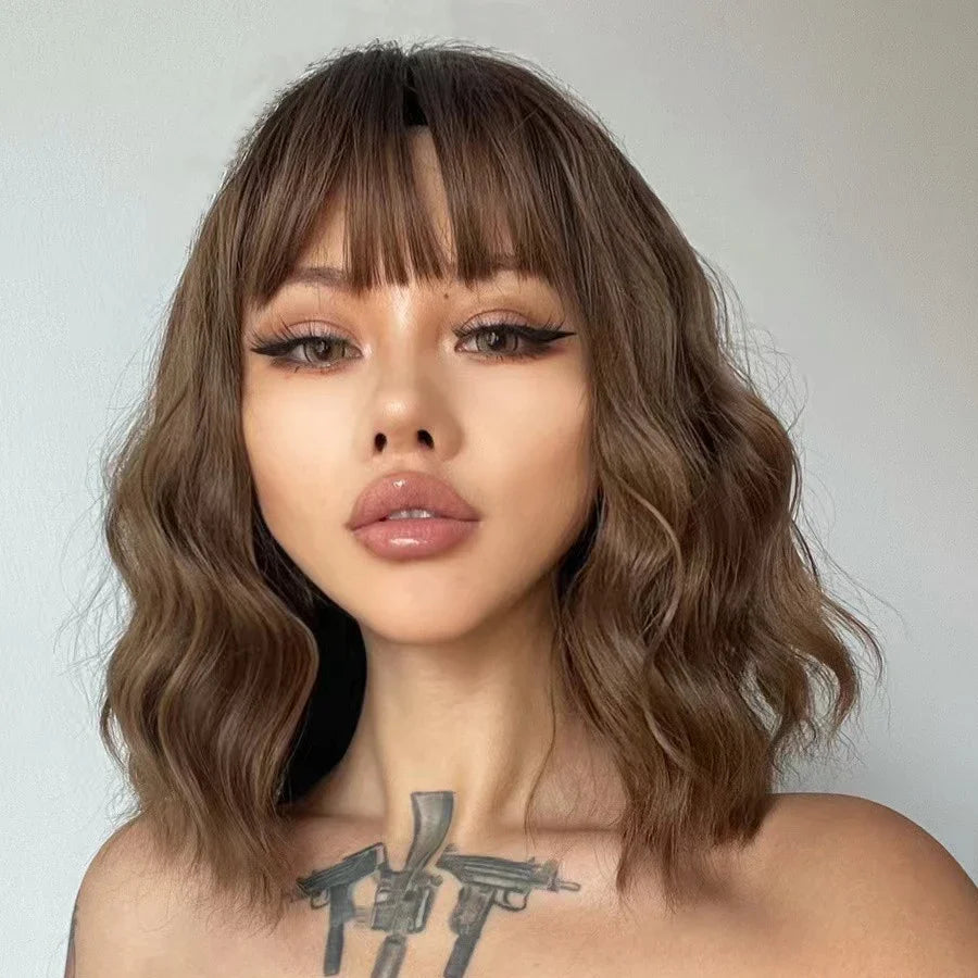 A premium curly wig with natural-looking waves and customisable air bangs, crafted with high-quality artificial hair fibres for a versatile and long-lasting style.