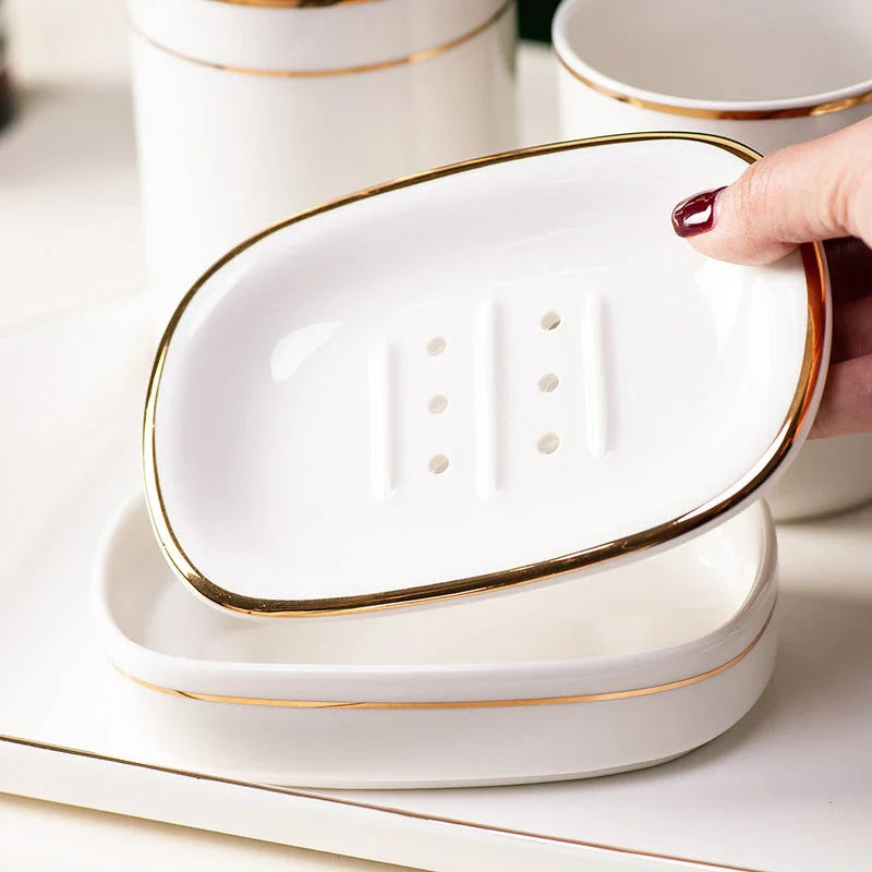 Elegant Nordic gold inlay double layer ceramic soap holder for dry soap and clean countertops