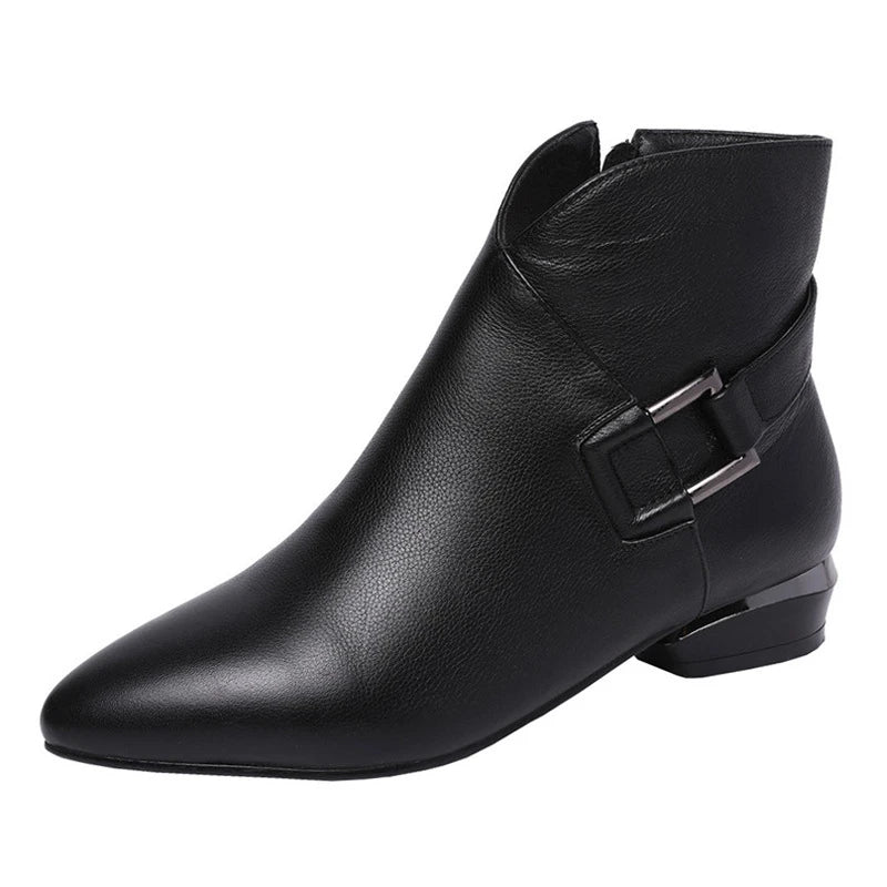 Premium low-heel short-tube ladies fashion boots in black and dark brown colours, featuring a sleek pointed toe and subtly profiled heel design