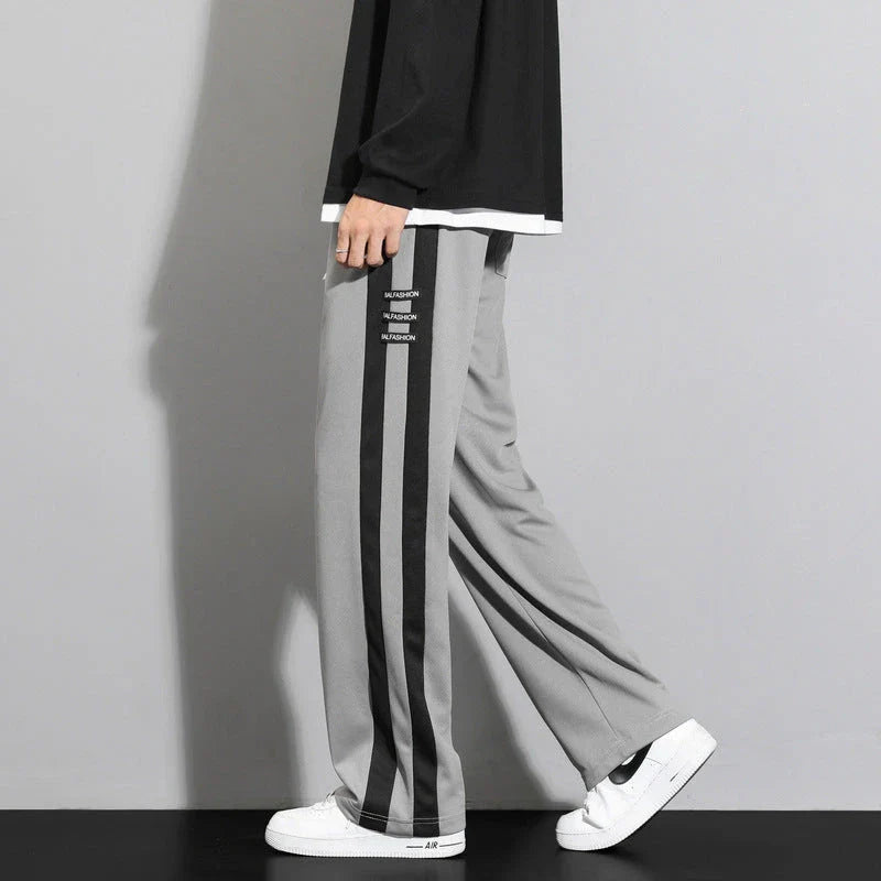 Comfortable striped straight-leg casual trousers in various colours and sizes