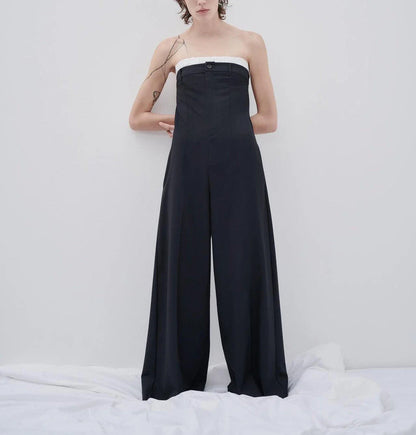 Trendha Contrast Stitching Tube Top Jumpsuit in Sea Blue, featuring raglan sleeves, wide legs, and a shawl neckline design