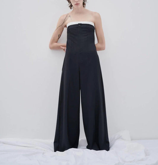 Trendha Contrast Stitching Tube Top Jumpsuit in Sea Blue, featuring raglan sleeves, wide legs, and a shawl neckline design