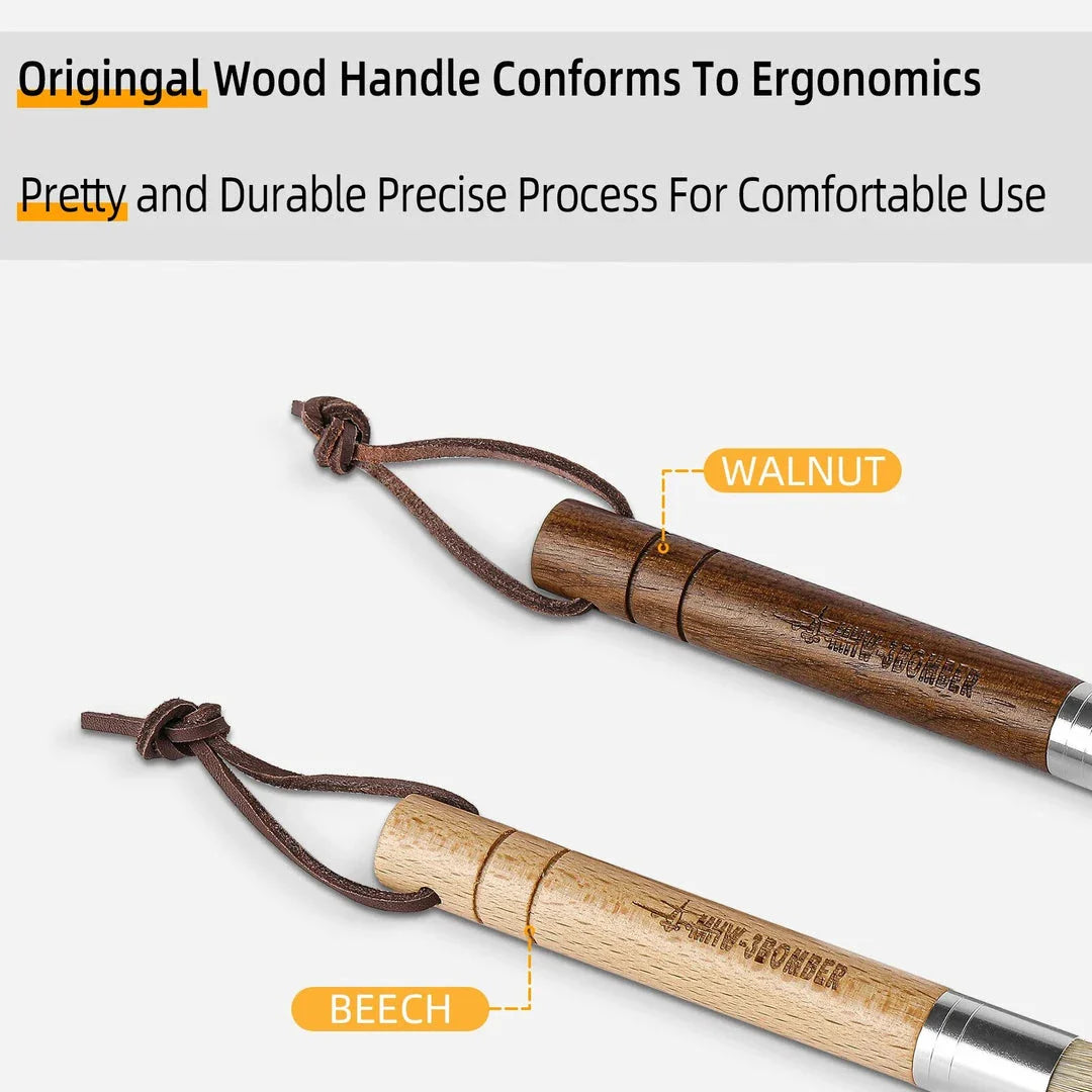 Premium espresso brush with natural fibre bristles and wooden handle, used to clean coffee grinders and equipment