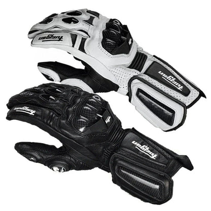 Premium motorcycle gloves made of leather and reinforced with carbon fibre for enhanced protection and breathability