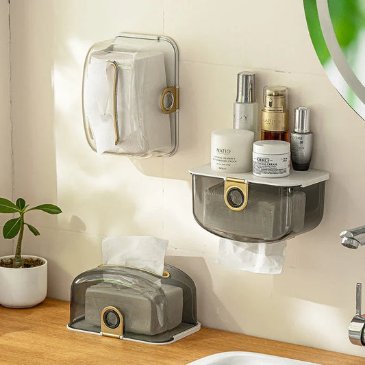 Modern grey wall-mounted tissue box and storage dispenser for bathroom and kitchen
