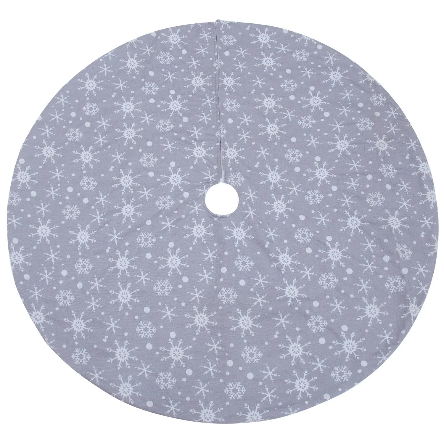 Premium grey background tree skirt with delicate white snowflake patterns, perfect for traditional British Christmas decor