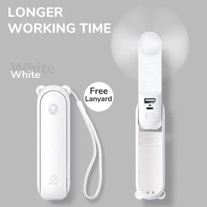 Portable Mini Handheld Fan with 4500mAh battery, 3 speed settings, power bank, and flashlight