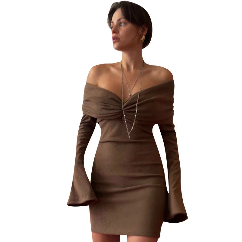 Trendha Slim-Fit Pleated Off-Shoulder Dress in Brown with Long Sleeves