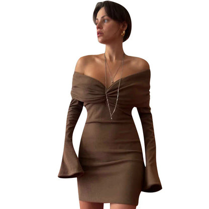 Trendha Slim-Fit Pleated Off-Shoulder Dress in Brown with Long Sleeves