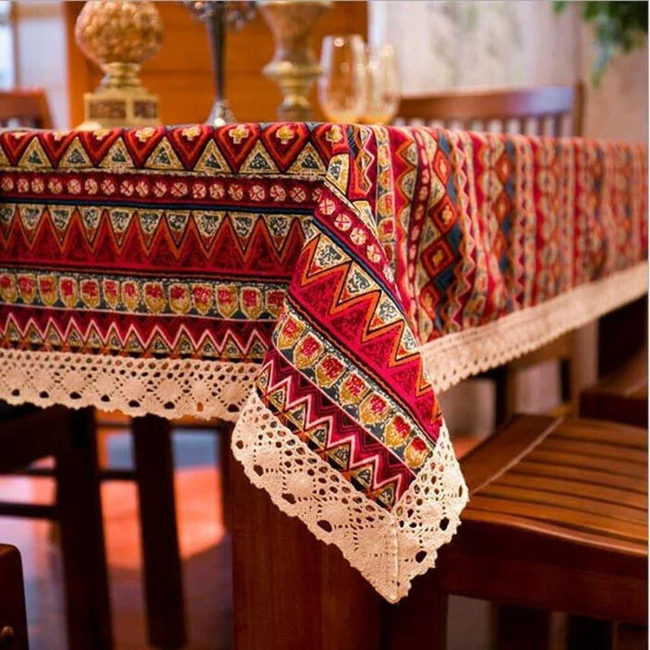 Elegant Bohemian-inspired dining tablecloth with intricate jacquard weave pattern in red colour