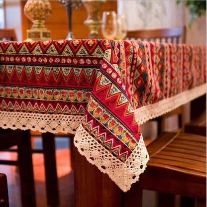 Elegant Bohemian-inspired dining tablecloth with intricate jacquard weave pattern in red colour