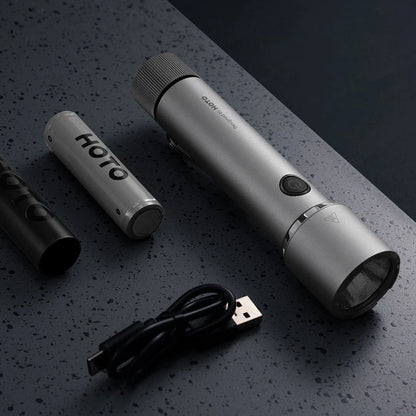 Powerful 2300 lumens tactical flashlight with durable aluminium alloy construction, waterproof design, and versatile functionality for outdoor activities and self-defence.