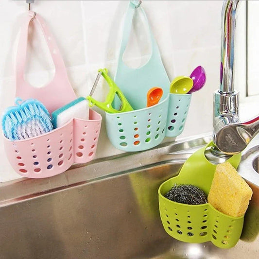 Adjustable stainless steel sink organiser rack with various colour options, designed to maximise kitchen sink space and keep essentials organised.