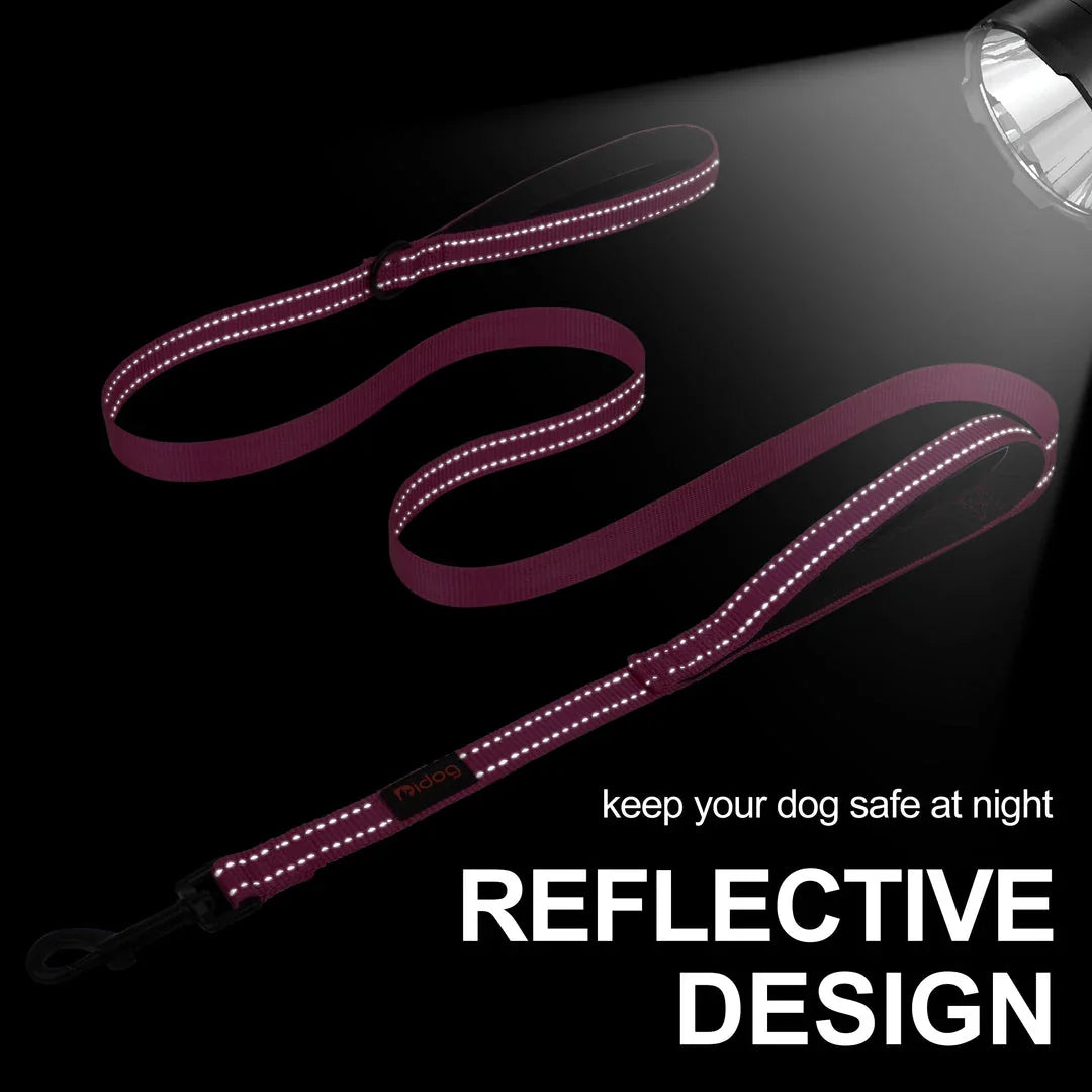 Premium 5ft Dual-Handle Reflective Nylon Dog Leash with durable nylon construction, padded handles, and reflective stitching for enhanced visibility
