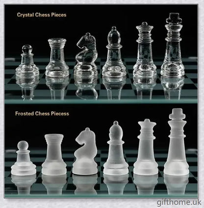 Acrylic Elegant Glass Chess Set with transparent board and frosted/clear glass pieces in small, medium and large sizes