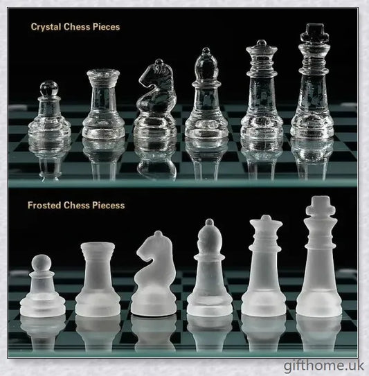 Acrylic Elegant Glass Chess Set with transparent board and frosted/clear glass pieces in small, medium and large sizes