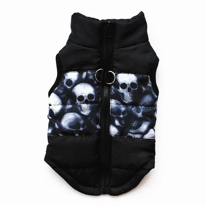 A cosy and stylish winter jacket for pets, featuring vibrant printed patterns and a snug, comfortable fit.