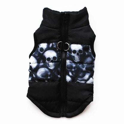 A cosy and stylish winter jacket for pets, featuring vibrant printed patterns and a snug, comfortable fit.