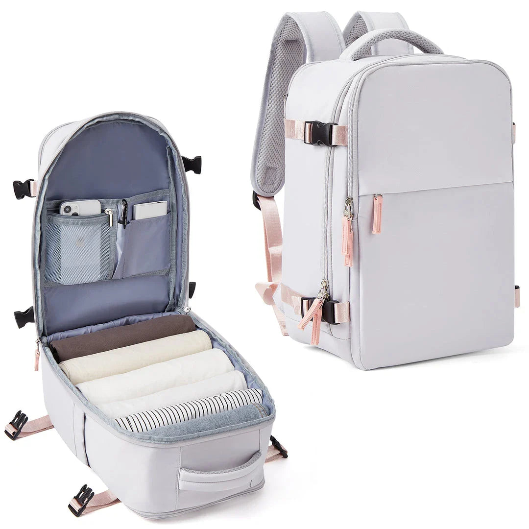 A durable and spacious travel backpack with multiple compartments and padded shoulder straps, suitable for British adventurers and commuters.