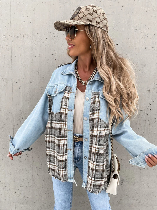 Classic denim plaid jacket with relaxed fit, made from high-quality polyester for British women.